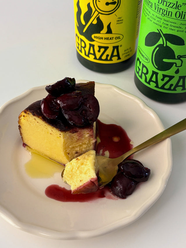 Olive Oil Basque Cheesecake with Balsamic Cherry Compote