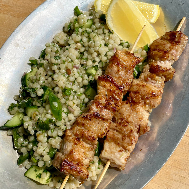 Herby Couscous Salad with Lemongrass Pork Belly Skewers