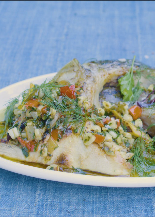 Branzino with Succotash & Avocado Pistachio Puree Recipe
