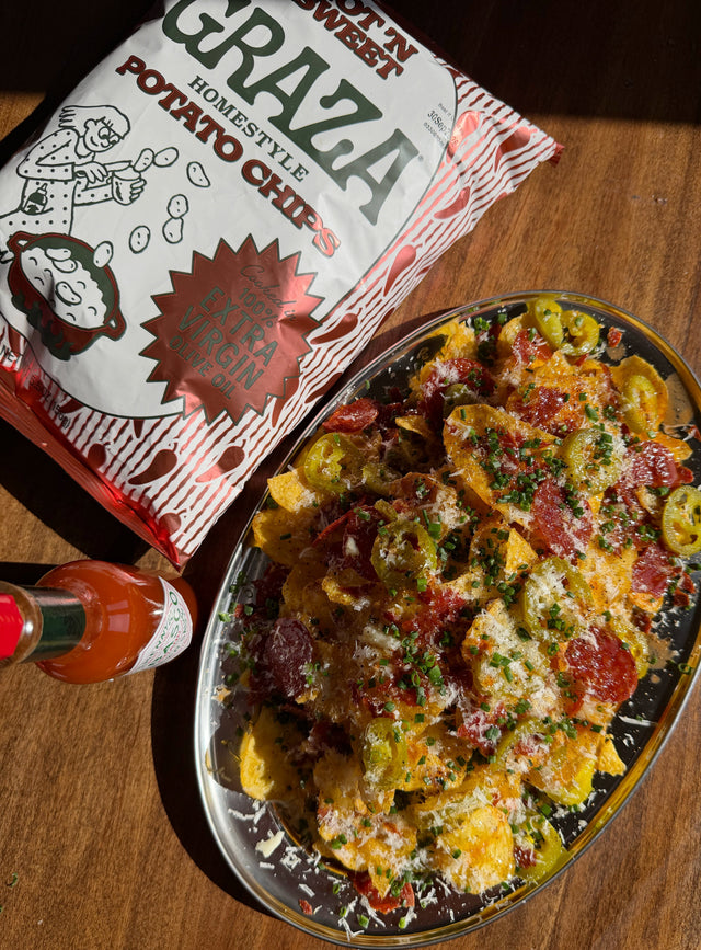 Crispy Pepperoni and Pecorino Hot N' Sweet Chip Stack with TABASCO® Sauce