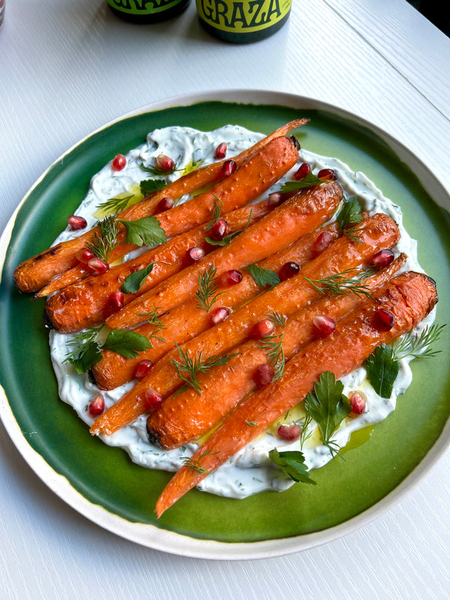 Roasted Carrots with Herby Labneh and Pomegranate Seeds